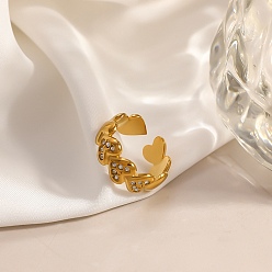 Real 18K Gold Plated 304 Stainless Steel Cubic Zirconia Cuff Open Ring for Women, Heart, Real 18K Gold Plated, 8mm, US Size 8(18.1mm)