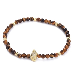 Tiger Eye Stretch Bracelets, with Natural Tiger Eye Beads, Brass Round Beads, Brass Micro Pave Grade AAA Cubic Zirconia Beads and Elastic Crystal Thread, Conch Shell Shape, with Cardboard Box, 2-3/8 inch(6cm)