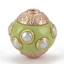 Yellow Green Handmade Indonesia Beads, with Alloy Findings & ABS Plastic Imitation Pearl Beads, Round, Golden, Yellow Green, 14~15x14~15mm, Hole: 1.8mm