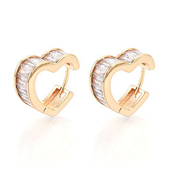 Настоящее золото 18K Серьги-кольца в форме сердца с микропаве из прозрачных кубических цирконий из латуни, реальный 18 k позолоченный, 15.5x14.5x5 мм