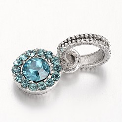 Aquamarine Antique Silver Plated Alloy Rhinestone European Dangle Charms, Flat Round Large Hole Pendants, Aquamarine, 19mm, Hole: 6mm