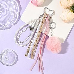 Pink Подвеска из искусственного кроличьего волоса, полиэстерового шнура, пластиковой жемчужной бусины и железной цепочки, платина, розовые, 275~280 мм