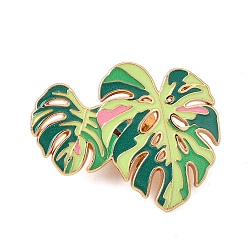 Sea Green Monstera Leaf Enamel Pin, Alloy Lapel Pin Backs for Backpack Clothes, Light Gold, Sea Green, 26x32.5mm