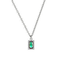 Color de Acero Inoxidable Collares vintage de acero inoxidable con colgante rectangular de esmeralda y diamantes de imitación para mujer, color acero inoxidable, 304 pulgada (16.54 cm)