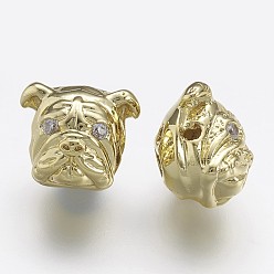 Золотой Латунные бусины из циркония, голова бульдога, золотые, 11.5x13.5x11 мм, отверстие : 1.5 мм