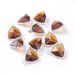 Сиена Стеклянные подвески, с фурнитурой Berzel с открытой спиной из экологически чистого сплава, граненые, треугольные, серебряный цвет гальваническим, цвет охры, 17x14.5x7 мм, отверстие : 1.2 мм