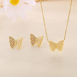 Золотой Бабочка 304 ожерелья из нержавеющей стали с жемчугом-ракушкой и серьги-гвоздики, золотые, 420 мм