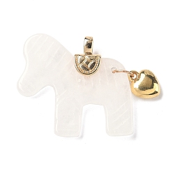 Хрусталь Резные подвески из натуральных кристаллов кварца, Подвески в виде лошади из горного хрусталя с латунным сердечком, золотые, 37.5~38.5x38.5~42x8~8.5 мм, отверстие : 5.5x3.5 мм