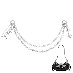 Platinum Aluminium Chains & Acrylic Beaded Double Layer Cross Purse Decorative Chains, with Alloy Swivel Clasps and Iron Brooch, Platinum, 418mm