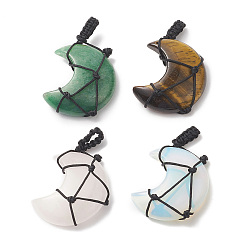 Смешанные камни Плетеные нейлоновые подвески из натуральных и синтетических смешанных драгоценных камней, Луна прелести, 35x31x8 мм, отверстие : 8x4 мм