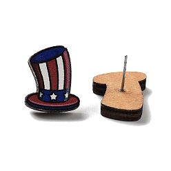 Hat Independence Day Wood Stud Earrings, with 304 Stainless Steel Pins, Hat, 17x14mm