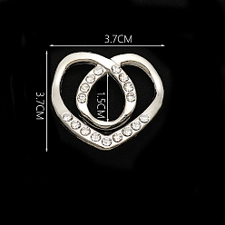Argent Boucles d'alliage, avec strass cristal, pour sangle de ceinture, cœur, argenterie, 34.5x36.5x6mm, Trou: 16x12.5mm