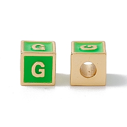Letter G Стойки покрытие латунь эмаль бисер, без кадмия, без никеля и без свинца, реальный 18 k позолоченный, куб с письмом, зеленый лайм, letter.g, 6x6x6 мм, отверстие : 2.5 мм