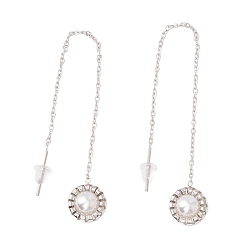 Stainless Steel Color Flat Round with Plastic Pearl Dangle Stud Earrings, 304 Stainless Steel Ear Thread for Women, Stainless Steel Color, 99mm, Pin: 1mm