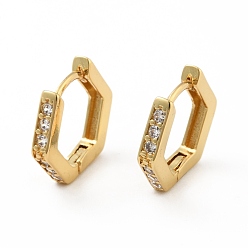 Chapado en Oro Real 18K Aretes de aro con hexágono de circonita cúbica transparente, joyas de latón para mujer, real 18 k chapado en oro, 12x13.5x2 mm, pin: 0.8 mm