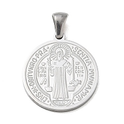 Couleur Acier Inoxydable Pendentifs en acier inoxydable, breloques rondes et plates avec médaille de Saint Benoît, couleur inox, 304mm, Trou: 22x20x2mm