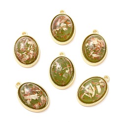 Olive Resin Foil Pendants, with Light Gold Tone Alloy Findings, Oval, Olive, 23.5x15.5x7.5mm, Hole: 1.6mm