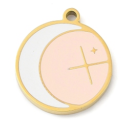 Розовый 304 подвески из нержавеющей стали, с эмалью, плоская круглая с лунным шармом, золотые, туманная роза, 17x15x1.7 мм, отверстие : 1.4 мм
