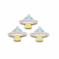 Light Sky Blue Alloy Enamel Pendants, Cadmium Free & Lead Free, Flying Saucer, Light Sky Blue, 23x28x1.5mm, Hole: 2.3mm