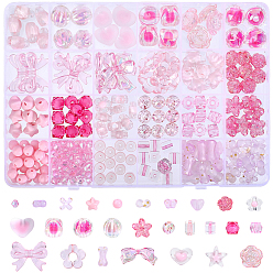 Pink 264 pcs 27 styles styles mélangés perles acryliques, formes mixtes, rose, 3~23x6~29.5x3~13.5mm, Trou: 1.5~3.8mm