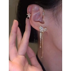 Light Gold Модные латунные серьги-каффы с кисточками, с высоким чувством изгиба, со стразами, бабочка, золотой свет, 110x45 мм