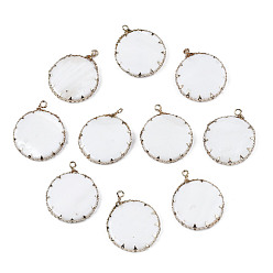 Freshwater Shell Natural Freshwater Shell Pendants, with Golden Plated Brass Edge and Loop, Flat Round, 24~26x20x3mm, Hole: 1.5mm