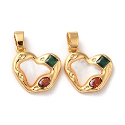 Real 18K Gold Plated Brass Micro Pave Cubic Zirconia Pendants, Cadmium Free & Nickel Free & Lead Free, with Shell, Heart, Real 18K Gold Plated, 16x14x3mm, Hole: 5x2mm