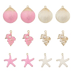 Mixed Color 24Pcs 6 Style Spray Painted Alloy Pendants, Scallop & Conch & Starfish/Sea Stars, Mixed Color, 29~35x22~29.5x3~5mm, Hole: 2mm, 4pcs/style