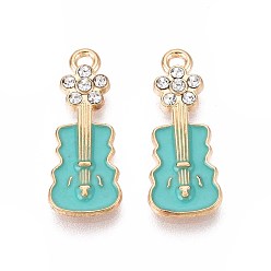Medium Turquoise Alloy Pendants, Cadmium Free & Lead Free, with Enamel and Rhinestone, violin, Light Gold, Crystal, Medium Turquoise, 22x8.5x2.5mm, Hole: 2mm