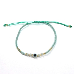 Turquoise Bohemian Glass Seed Beaded Braided Bead Bracelets, Resin Evil Eye Jewelry for Women, Turquoise, Inner Diameter: 11 inch(28cm)