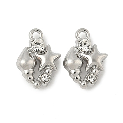 Морская звезда Подвески из сплава и страза, стойки покрытие, без свинца и без кадмия, платина, морская звезда, 15x11x4.5 мм, отверстие : 1.6 мм