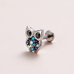 Нержавеющая Сталь Цвет Латунные серьги-гвоздики с микропаве из разноцветных кубических цирконий в форме совы, с 316 l хирургическими штифтами из нержавеющей стали, цвет нержавеющей стали, 12 мм, штифты : 0.8 мм, 20 датчик