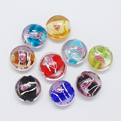 Mixed Color Silver Foil Handmade Lampwork Beads, Flat Round, Mixed Color, 15x15x8mm, Hole: 1.5mm
