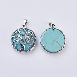 Synthetic Turquoise Synthetic Turquoise Pendants, with Brass Findings, Flat Round with Tree of Life, Platinum, 31~32x27x8~9mm, Hole: 5x7mm
