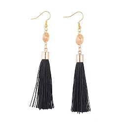Black Polyester Tassel Dangle Earrings, with Golden Plated Copper Wire and Brass Earring Hooks, Black, 96mm, Pin: 0.7mm