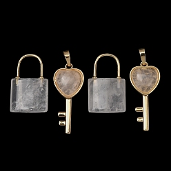 Quartz Crystal Natural Quartz Crystal Beaded Pendants, Lock and Key Charms, with Golden Brass Findings, 31.5~32.5x20~20.5x7.5mm, Hole: 11x12mm