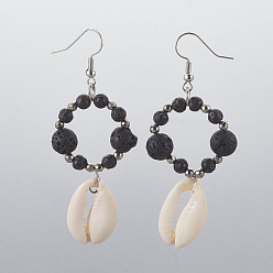 Black Cowrie Shell Dangle Earrings, with Electroplate Non-magnetic Hematite Beads, Lava Rock Round Beads and 304 Stainless Steel Earring Hooks, Black, 69mm, Pin: 0.6mm