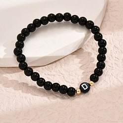 Letter D Браслеты из литой смолы с круглыми бусинами, плоские круглые с буквы, чёрные, золотые, Буква D, 7-1/8 дюйм (18 см)