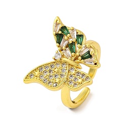 Зеленый Открытые манжеты для женщин, латунные кольца с микро-паве и цирконием в виде бабочки для женщин, без кадмия, без никеля и без свинца, реальный 18 k позолоченный, зелёные, Бабочка: 21x18 mm, регулируемый