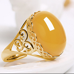 Золотистый Овальные перстни из натурального халцедона, латунные регулируемые кольца, золотые, золотые, внутренний диаметр: 17~19 мм