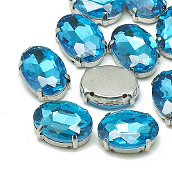 Аквамарин Шить на горный хрусталь, многожильных ссылки, стекло горный хрусталь, с настройками латуни, аксессуары для одежды, граненые, овальные, платина, аквамарин, 18x13x6.5 мм, отверстие : 1 мм