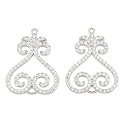 Real Platinum Plated Brass Micro Pave Clear Cubic Zirconia Connector Charms, Heart Links, Real Platinum Plated, 31.5x23.5x3mm, Hole: 1.5mm