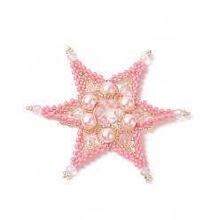 Pink Seed Beads Beaded Charms, Star Pendants, with Glass Pearl Beads, Pink, 64x64x6mm