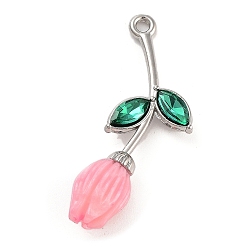 Pink Сплав смолы цветок кулоны, подвески-розы со стеклянным листом, платина, розовые, 32.5x14.5x7.5 мм, отверстие : 1.6 мм