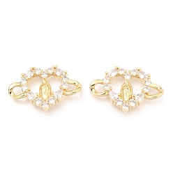 Real 18K Gold Plated Brass Micro Pave Clear Cubic Zirconia Links Connectors, Cadmium Free & Lead Free, Long-Lasting Plated, Heart with Virgin Mary, Real 18K Gold Plated, 16.5x26x3mm, Hole: 3.2x3mm