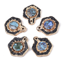 Mixed Color Assembled Natural Lava Rock and Synthetic Regalite/Imperial Jasper/Sea Sediment Jasper Pendants, with Edge Light Gold Plated, Hexagon, Mixed Color, 35~38x30~31x7~9mm, Hole: 2mm