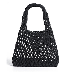 Black Woven Cotton Handbags, Women's Net Bags, Shoulder Bags, Black, 30x21x8cm