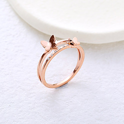 Розовое Золото 304 женские кольца из нержавеющей стали со стразами, бабочка, размер США 7 (17.3 мм)