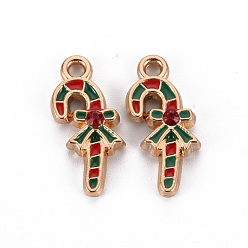 Colorful Eco-Friendly Alloy Enamel Pendants, with Rhinestone, Cadmium Free & Lead Free & Nickel Free, Light Gold, Christmas Candy Cane, Colorful, 19.5x9.5x3mm, Hole: 1.8mm