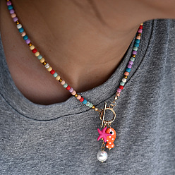 Коралловый Ожерелья из богемского фарфора с подвесками в виде рыбок и искусственных жемчужин, круглые и морские звезды, латунные застежки ot ожерелья из стеклянных бусин для женщин, золотые, коралл, 15.75 дюйм (40 см)